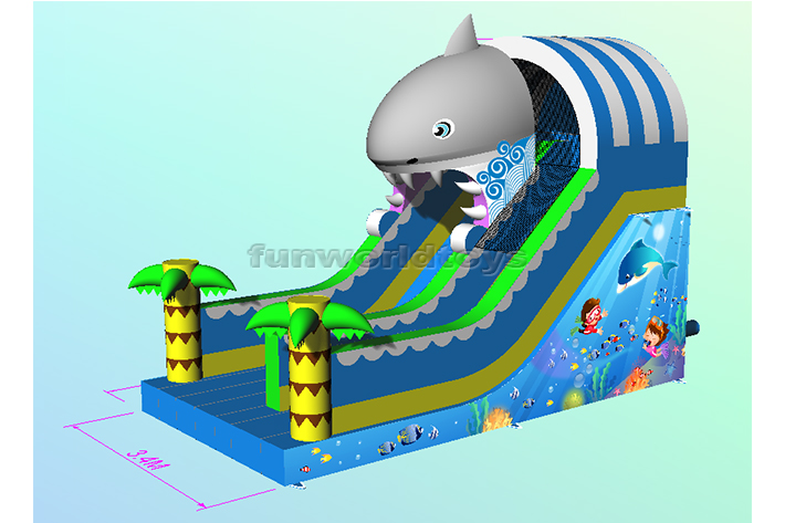 Process of creating an inflatable shark theme dry slide from design to shipment